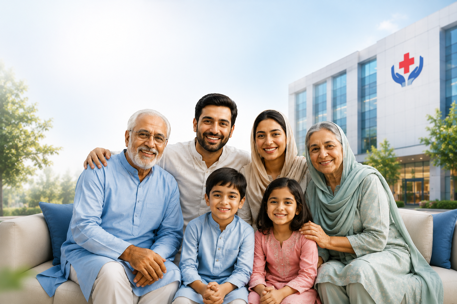 Three generations of a Pakistani family outside Eman Medical Tower